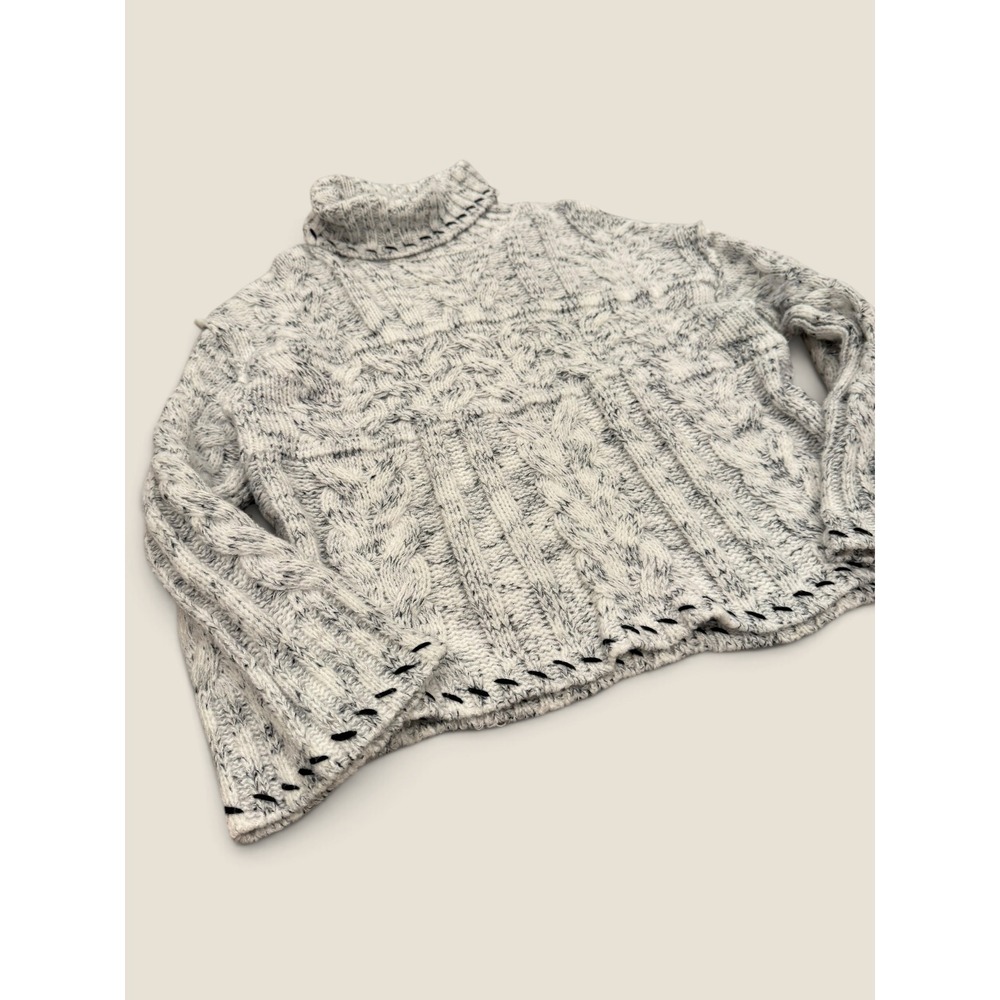 POL Marled Cable Knit Turtleneck Sweater White Black Whipstitch Small - Picture 2 of 5